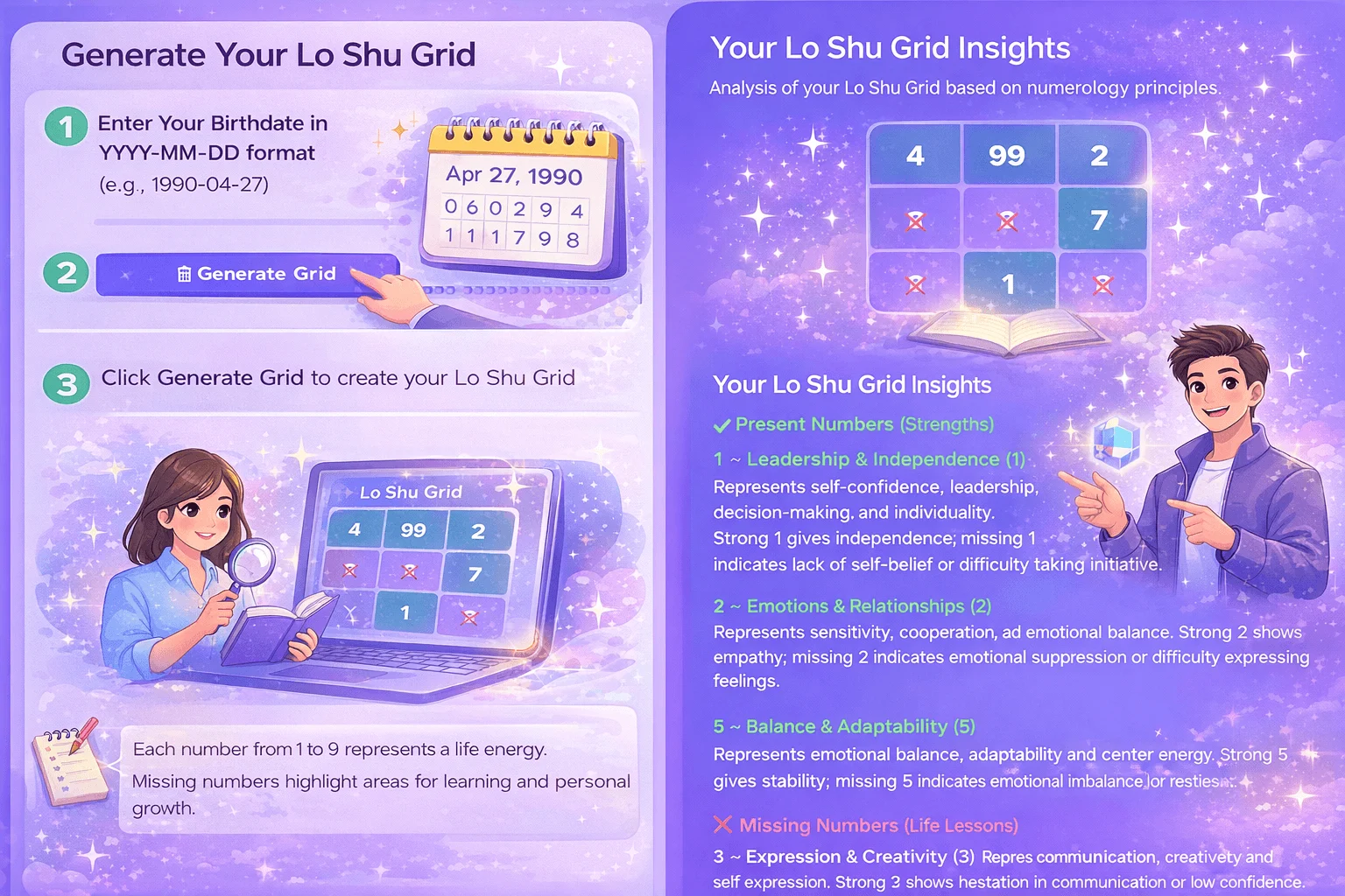 Lo Shu Grid infographic showing number placement from date of birth